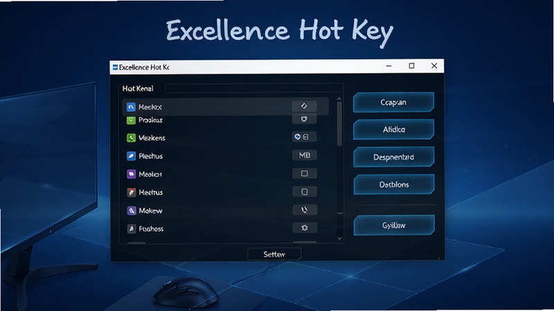 Excellence Hot Key 软件主界面展示,画面中央为软件设置面板,背景为简洁的深蓝色渐变桌面,面板上清晰显示热键列表与自定义按钮,整体风格科技感十足,适合软件下载站展示