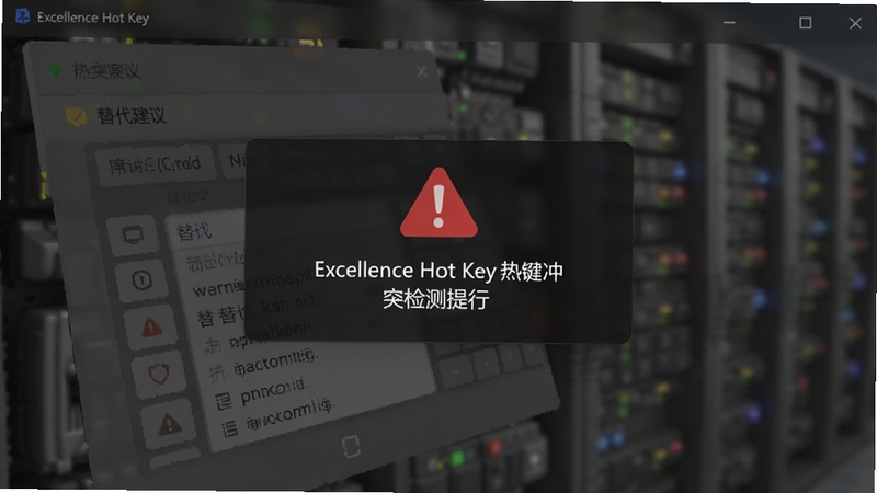 Excellence Hot Key 热键冲突检测提示界面,画面中央弹出红色警告图标与替代建议列表,背景为深色半透明遮罩,突出冲突提醒的及时性与重要性
