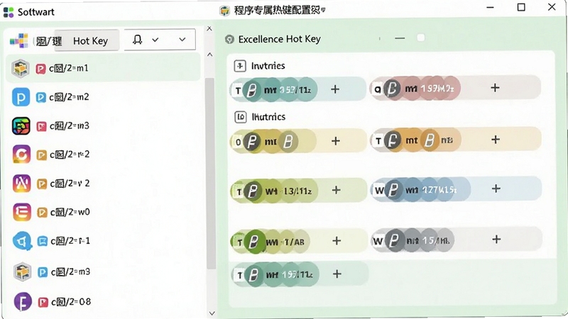 Excellence Hot Key 程序专属热键配置界面,画面左侧为软件列表,右侧为热键映射面板,背景为柔和的浅绿色,界面元素清晰展示不同程序对应不同热键组合,体现个性化配置特点