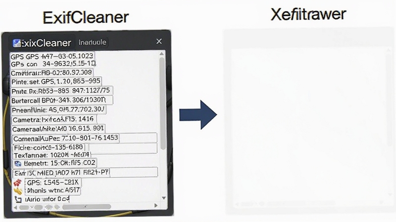 ExifCleaner 清理前后元数据对比示意图,画面左侧展示包含GPS坐标和相机型号的元数据面板,右侧展示清理后空白元数据面板,中间用箭头连接,背景为白色简约风格,突出隐私清除效果