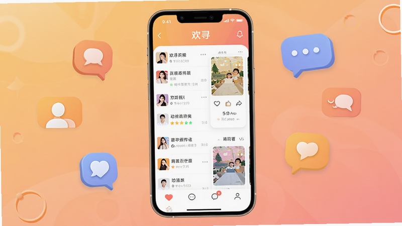 ��Ѱ����������չʾ���ֻ���Ļ������ʾ��ѰAPP�������б��붯̬��Ƭ������Ϊ��͵�ůɫ�����䣬��Χ��׺������罻ͼ����Ի����ݣ����������¼�࣬����Booguģ������