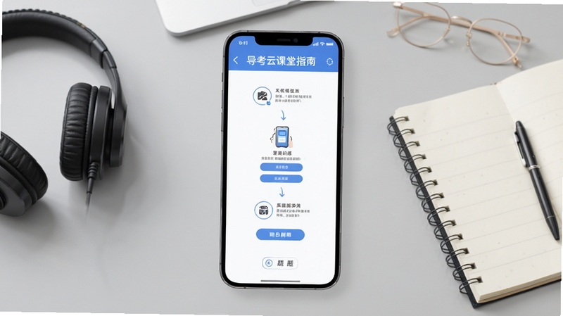 导考云课堂使用指南操作流程图解,画面展示手机屏幕从安装到登录再到刷题的步骤分解,背景为简洁的浅灰色工作台,旁边放置耳机和笔记,突出学习场景,适配Boogu模型生成