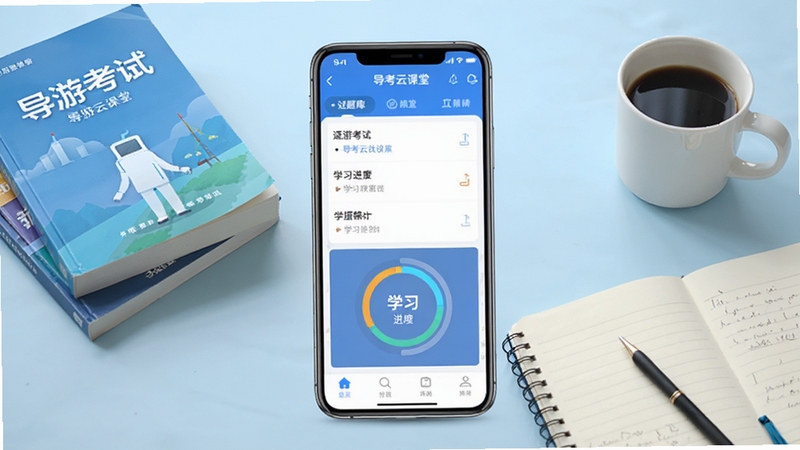 导考云课堂软件主界面全貌展示,画面中央放置一部智能手机,屏幕显示导考云课堂APP首页题库列表与学习进度环形图,背景为浅蓝色渐变书桌场景,桌上摆放导游考试教材、笔记本与咖啡杯,整体风格清新明亮,适配Boogu模型生成