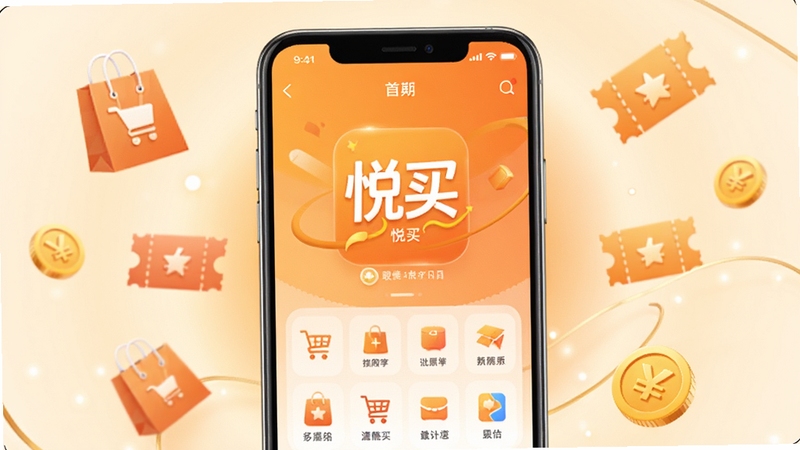 画面中央展示一部智能手机,屏幕上显示悦买应用首页,界面以暖橙色为主色调,背景是柔和的渐变光晕,周围漂浮着购物袋、优惠券、金币等小图标,整体风格清新明快,适合作为软件下载站配图。