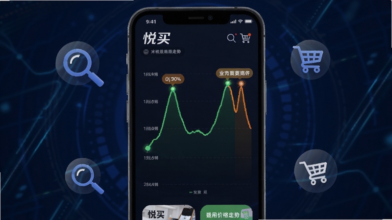 画面展示悦买应用内的价格走势折线图界面,手机屏幕占据画面中心,背景为深蓝色科技感渐变,折线图以亮绿色和橙色标注高低点,周围有放大镜和购物车图标点缀。