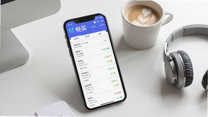 画面主体为悦买应用内的返利明细页面,手机屏幕呈现清晰的数字列表,背景是简洁的浅灰白色办公桌面,旁边放着一杯咖啡和一副耳机,营造轻松省钱的氛围,图片风格写实。