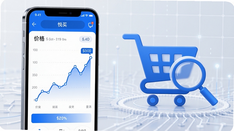 悦买历史价格查询功能展示图,画面左侧为手机屏幕显示价格曲线折线图,右侧为购物车和放大镜元素,背景为浅灰色科技感网格,整体色调以蓝色和白色为主,突出数据查询的便捷性