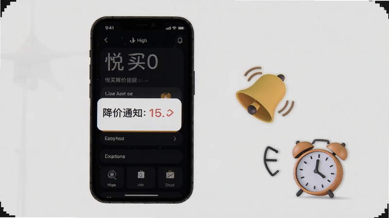 悦买降价提醒功能示意图,画面中手机屏幕弹出降价通知,背景为深色夜间模式,手机旁边有铃铛和小闹钟图标,整体风格安静且醒目
