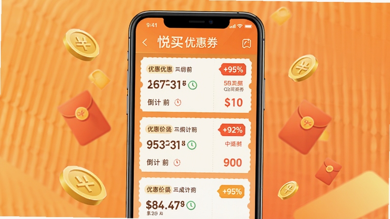 悦买优惠券聚合界面图,画面中央一部手机展示优惠券列表,券面有折扣标签和倒计时元素,背景为暖橙色渐变,周围散落金币和红包图标,营造省钱氛围