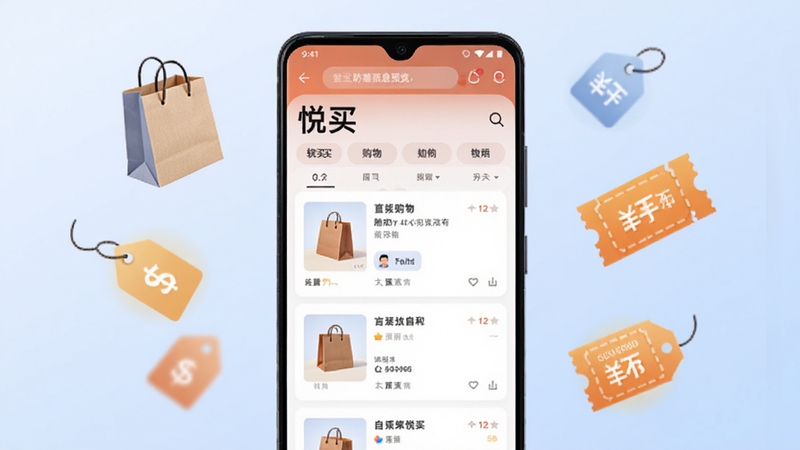 软件悦买整体界面预览图,画面中央展示一部安卓手机,手机屏幕显示悦买首页的购物省钱信息流,背景为柔和的浅蓝色渐变,手机周围漂浮着购物袋、价格标签和优惠券图标,整体风格清新简洁,适配Boogu模型生成