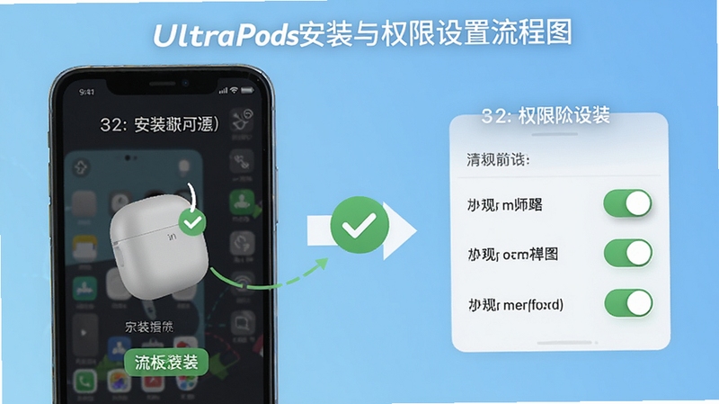 UltraPods安装与权限设置流程图,画面以手机屏幕截图风格展示安装步骤与权限开关,背景为浅蓝色渐变,带有箭头指引与对勾图标,突出操作指引与新手友好的视觉效果