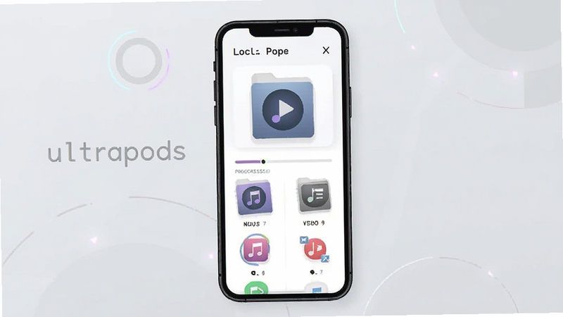 ultrapods 软件扫描本地音乐文件的界面截图风格插画,手机屏幕显示进度条与分类图标,背景为浅灰色简约科技感,画面中出现 ultrapods 字样