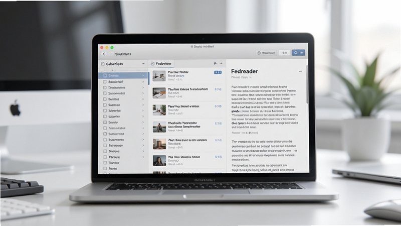 ����ȫò����ͼ����������չʾһ̨���ıʼǱ�������Ļ����Ļ�ڳ���Feedreader�����ľ����������ֽ��棬���Ϊ����Դ�б����м�Ϊ���±����б����Ҳ�Ϊ�����Ķ���������ɫ��Ϊ��͵�ǳ�����ɫ������Ϊ�黯���ִ��칫���滷��������������ͣ����дʵ�Ҿ��пƼ��У�����Booguģ������