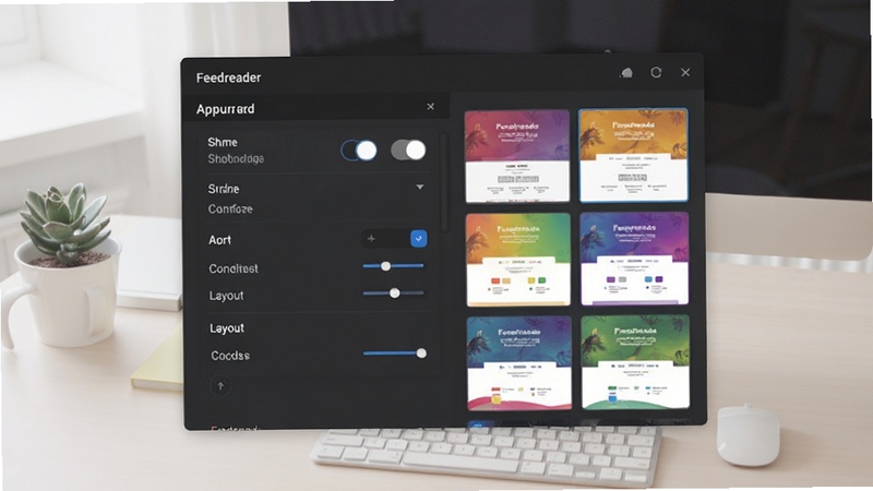 ���Ի����ý���ͼ������չʾFeedreader�����е����������壬���������л���������ڡ������ܶȵ�ѡ����澫�¼�࣬�Ա���ɫ�ʷḻ������Ԥ������ͼ������Ϊ�ɾ���ǳɫ�칫���棬����Booguģ������