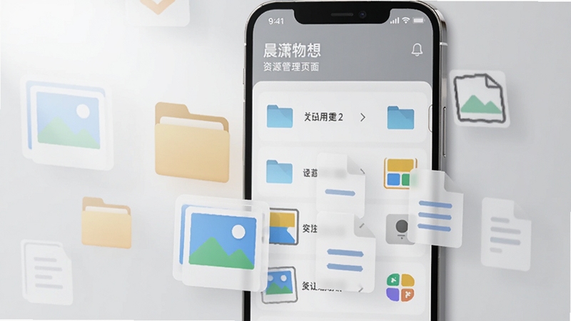 �������� ��Դ����ҳ�棬����չʾ�ֻ���Ļ���ļ��б������ͼ�꣬��Ļǰ��Ư�����ļ��С�ͼƬ���ĵ��Ȱ�͸��ͼ��Ԫ�أ�����Ϊǳ��ɫ�����񣬹��ߴ����Ͻ�������䣬ͻ�����ߵ�ʵ������