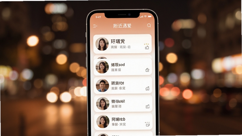 附近遇爱 软件主界面展示 手机屏幕中央显示同城用户卡片列表 背景为城市夜景虚化效果 整体色调温暖柔和 突出社交氛围 画面简洁现代