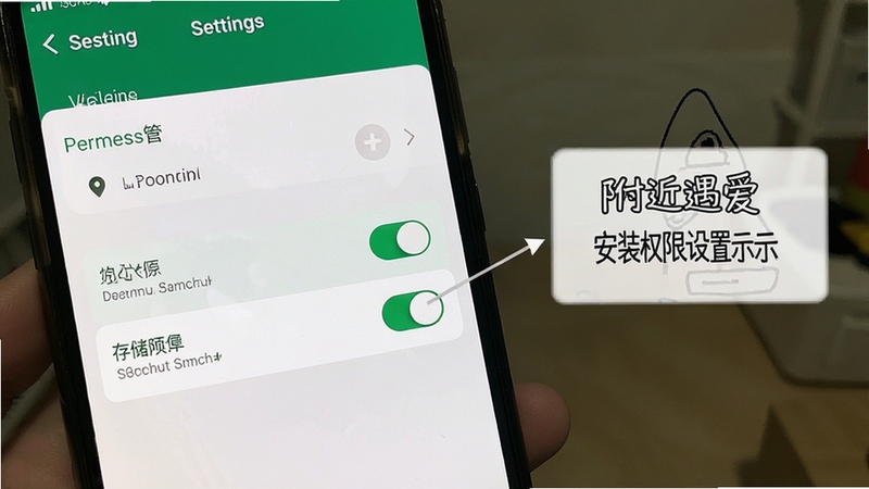 附近遇爱 安装权限设置示意图 手机屏幕显示权限管理页面 定位和存储权限开关高亮显示 背景为系统设置界面 画面清晰直观