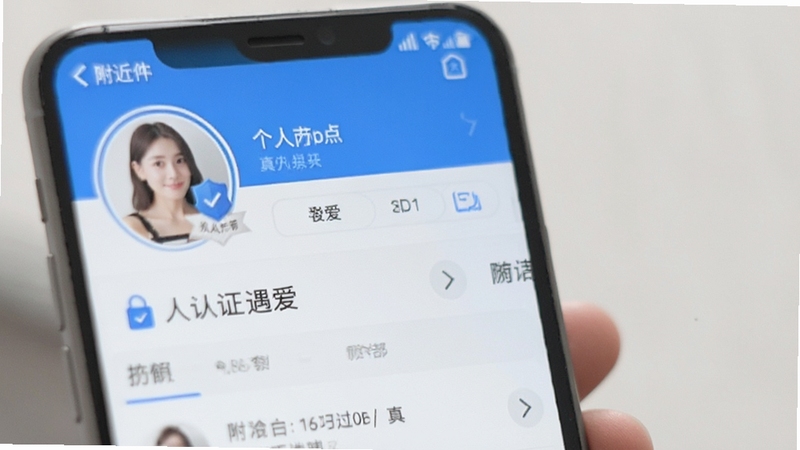 附近遇爱 真人认证标识展示 手机屏幕显示用户头像旁有认证徽章 背景为个人主页界面 色调以蓝色和白色为主 突出安全可信感
