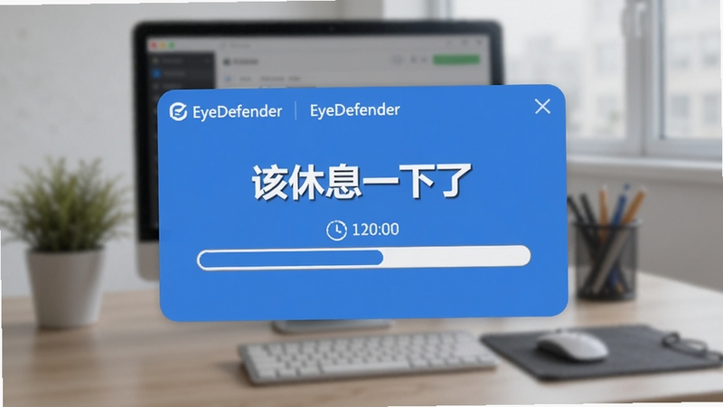 EyeDefender软件弹出休息提醒窗口的界面截图,窗口内显示“该休息一下了”文字和倒计时进度条,背景是模糊的办公桌面,窗口采用圆角卡片设计,配色为蓝白相间,画面清晰展示软件名称EyeDefender,适合用于功能介绍配图,居中构图,背景简洁