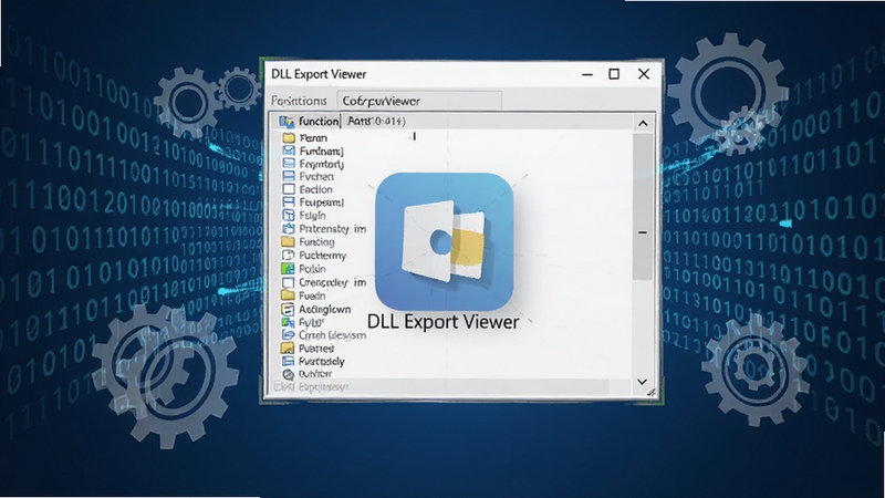 一张具有科技感的软件界面特写图,画面中心是DLL Export Viewer的图标和展开的函数列表,周围环绕着由0和1组成的数字流以及半透明的齿轮图标。背景为深蓝色渐变,突出工具的精准与高效,用于展示软件核心解析能力。