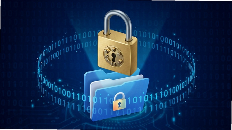 Folder Guard 文件夹加密锁定功能展示,画面主体为一把金色密码锁悬浮在文件夹图标上方,背景为深蓝色渐变科技感风格,周围环绕二进制代码纹理,突出数据安全与密码保护概念