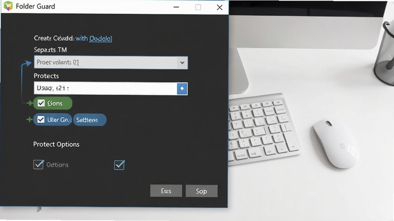 Folder Guard 软件安装设置向导界面截图,画面展示密码创建步骤与保护选项勾选状态,界面风格简洁,背景为白色办公桌面,突出操作引导流程