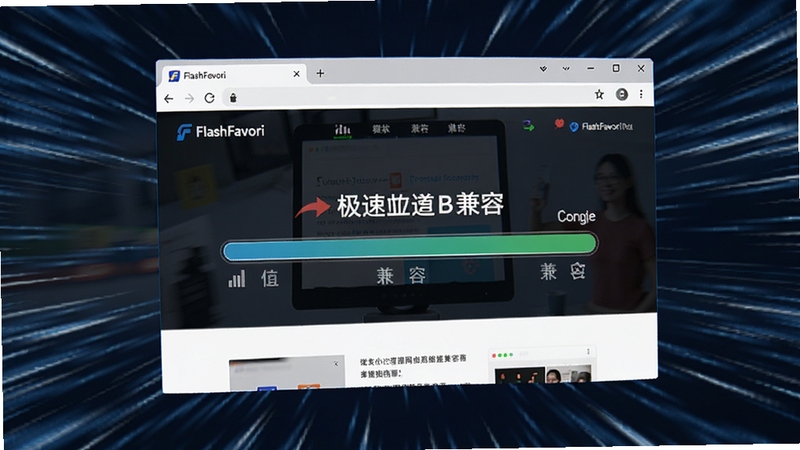 FlashFavori浏览器高速加载网页的场景,画面中浏览器窗口内网页内容飞速呈现,进度条接近完成,背景带有速度线特效,突出“极速”与“兼容”概念