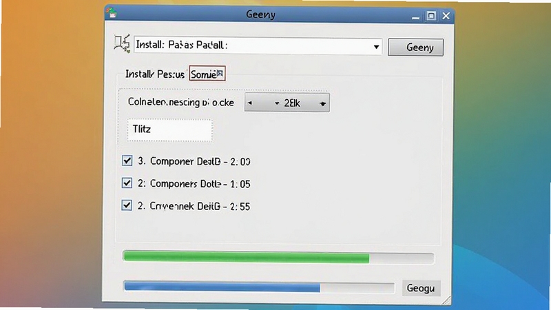 Geany 软件在 Windows 系统下的安装向导界面截图,展示安装路径选择与组件勾选步骤,画面清晰展示安装按钮与进度条,背景为纯色渐变,适配 Boogu 模型生成