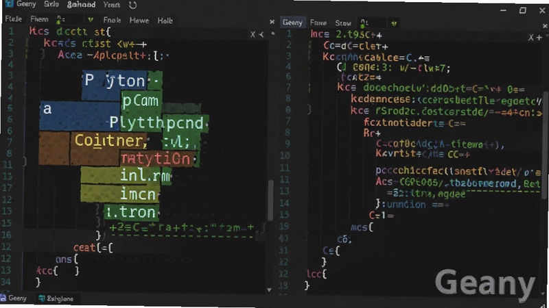 Geany 编辑器展示多语言语法高亮效果的特写图,画面中显示 Python 与 C++ 代码片段,不同语法元素呈现蓝、绿、红等鲜艳色彩,背景为深色主题编辑区域,软件名称 Geany 以水印形式出现在角落,细节清晰,适配 Boogu 模型生成