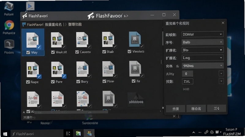 FlashFavori 批量重命名与整理功能操作界面,画面显示软件窗口中多个文件被勾选,右侧弹出重命名规则设置面板,包含前缀、序号、扩展名等选项,背景为深色主题桌面,突出软件名称 FlashFavori 在界面顶部