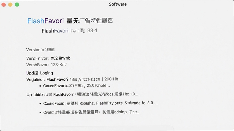 FlashFavori 轻量无广告特性展示图,画面为软件关于页面,显示版本信息与更新日志,背景干净无杂物,突出软件名称 FlashFavori 与版本号,整体风格极简清新