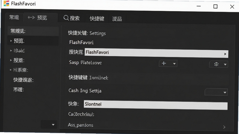 FlashFavori 设置面板与快捷键自定义界面,画面展示软件设置窗口中包含常规、预览、搜索、快捷键等选项卡,当前显示快捷键设置页面,背景为深色主题,软件名称 FlashFavori 在窗口标题栏醒目