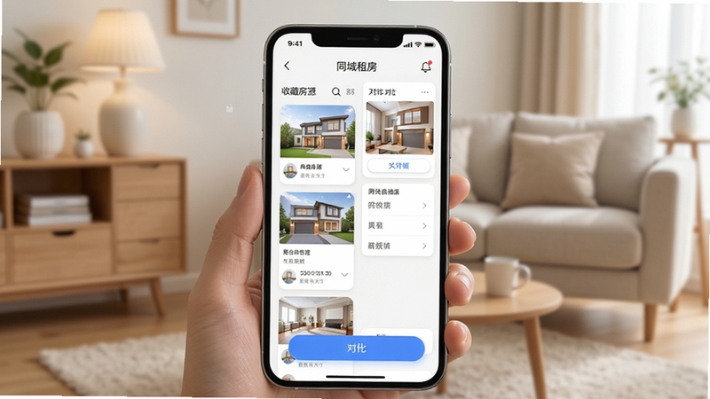 ͬ���ⷿ�ؼ�APP�ղ���Աȹ��ܽ��棬�ֻ���Ļչʾ�ղط�Դ�б��ͶԱȿ�Ƭ������Ϊ��͵ļҾӻ��������������û�ɸѡ��Դ�ı�ݲ�����������ִ�