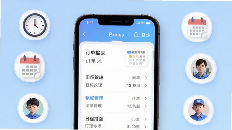 ��Լ��ʦ��APP������չʾ����������Ϊ�ֻ���Ļ��ʾ�����б����ճ̹�����壬����Ϊǳ��ɫ���䣬��Χ����ʱ�ӡ��������ͻ�ͷ���ͼ��Ԫ�أ���������ˬ��࣬����Booguģ������