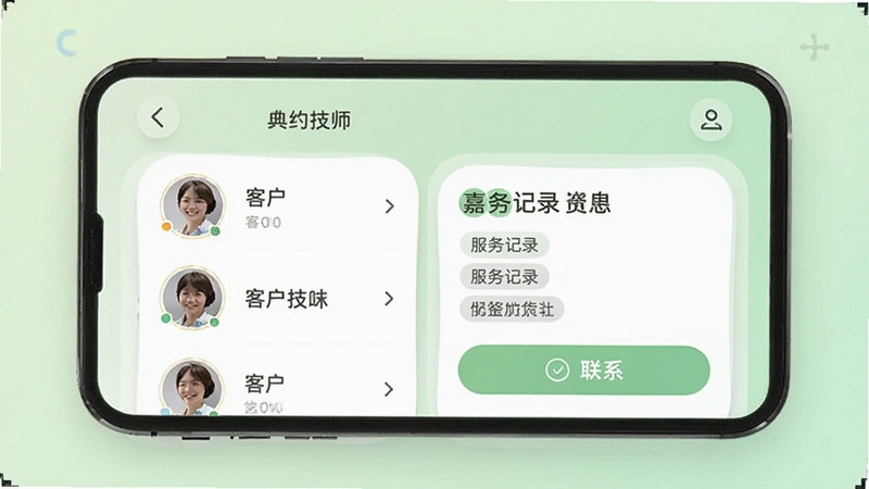 ��Լ��ʦ�˿ͻ�����ҳ�棬�ֻ���Ļ��ʾ�ͻ�ͷ���б�����ϸ���Ͽ�Ƭ�����������¼��ǩ����ϵ��ť������Ϊǳ��ɫ���䣬������Բ�ǣ�����Booguģ������