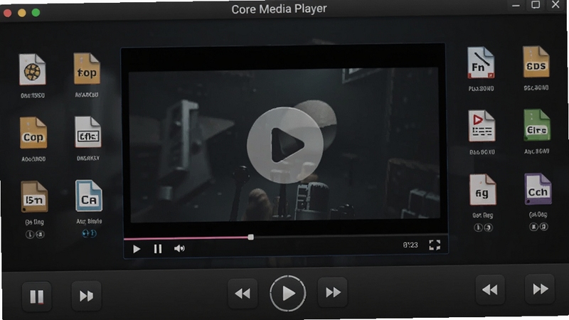 The Core Media Player 软件界面全景展示,画面中央为主播放窗口,背景为深色极简风格,四周环绕着格式图标与播放控制按钮,整体呈现专业影音工具氛围
