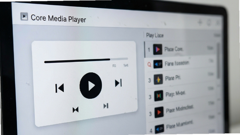 The Core Media Player 播放器界面特写,突出简洁的控制面板与播放列表区域,画面干净整洁,背景为浅灰色,体现易用性