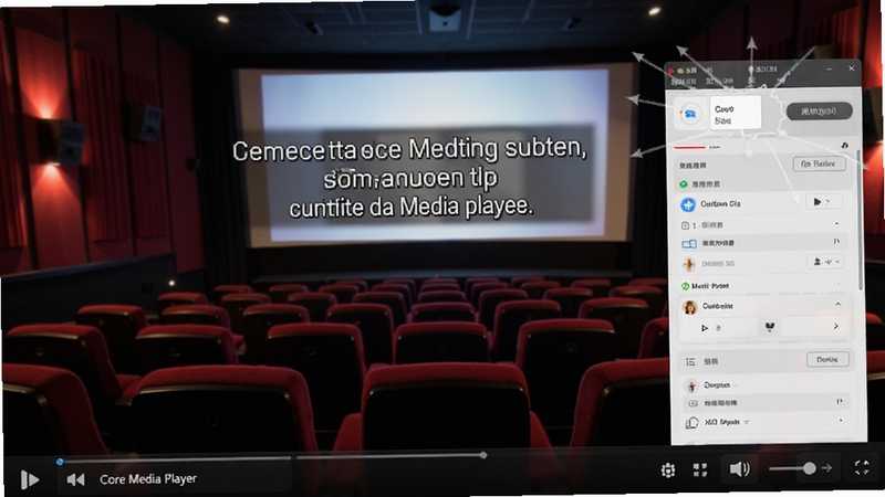 The Core Media Player 播放器显示字幕设置面板,画面中有字幕文字悬浮在视频之上,背景为电影院场景,突出字幕功能