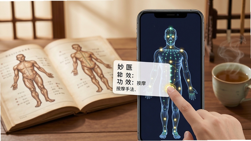 展示妙手中医经络穴位查询功能界面,画面主体为手机屏幕显示人体经络模型图,穴位以发光小圆点标注,手指轻触某个穴位弹出详细说明卡片,卡片上有穴位名称、功效和按摩手法;背景区域为柔和的中式书房场景,桌面上放着一本翻开的针灸铜人图册和一杯热茶,色调温暖柔和,整体氛围安静专业,分辨率1080x1920