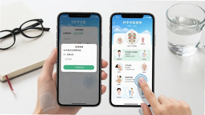 展示妙手中医使用指南场景,画面主体为手机屏幕显示安装权限设置界面和软件主界面并排展示,旁边有手指点击操作的示意;背景区域为简洁的桌面环境,有笔记本、眼镜和一杯水,色调清爽明亮,传递轻松学习中医知识的氛围,分辨率1080x1920