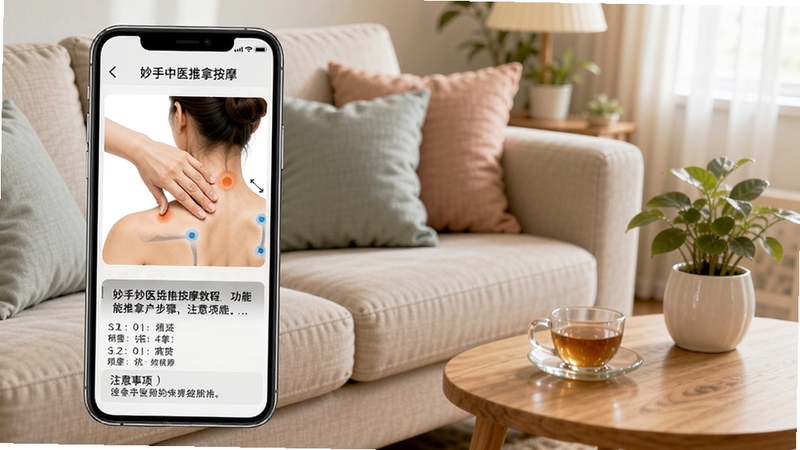 展示妙手中医推拿按摩教程功能界面,画面主体为手机屏幕显示推拿手法步骤图,图上有一双手正在演示按揉肩颈穴位,屏幕下方有文字步骤说明和注意事项;背景区域为温馨的家庭客厅一角,沙发上放着靠垫,旁边茶几上有绿植和茶杯,整体色调明亮舒适,传递居家养生的轻松氛围,分辨率1080x1920