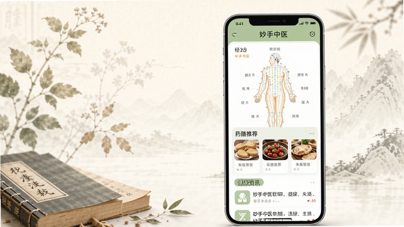 整体展示妙手中医软件的核心功能界面,画面主体为一部智能手机竖屏放置在画面中央偏右位置,手机屏幕显示妙手中医APP首页,包含经络穴位图、药膳推荐卡片和健康资讯列表;背景区域为淡雅的中式水墨风格,左侧有淡淡的草本植物剪影和中医典籍元素,画面色调以暖白、浅绿、淡棕为主,整体风格清新自然,适合健康类软件宣传图,分辨率1080x1920