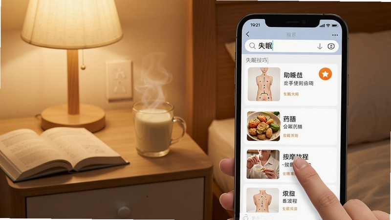 展示妙手中医使用技巧场景,画面主体为手机屏幕显示搜索界面输入「失眠」后出现穴位、药膳、按摩教程关联结果列表,手指正在点击收藏按钮;背景区域为安静的卧室床头柜场景,有台灯、书本和一杯温牛奶,色调温暖柔和,传递助眠养生的氛围,分辨率1080x1920