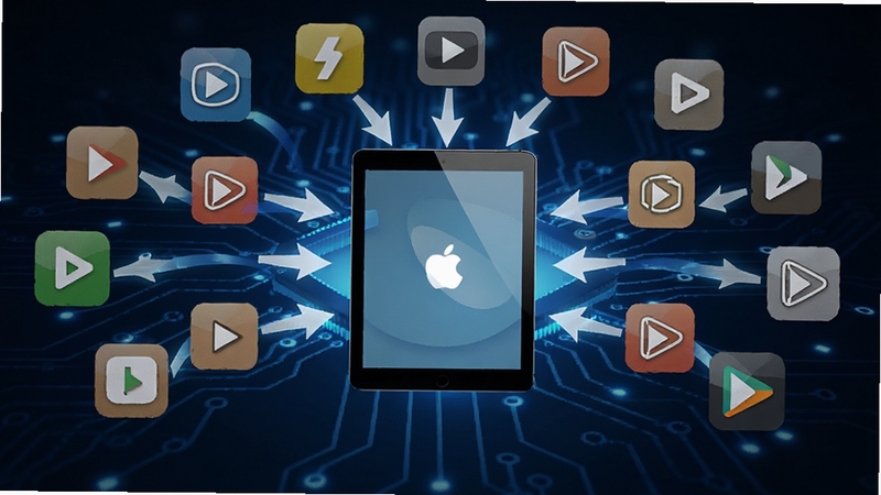 ����iPad��Ƶ��ʽת������ʽ���ݹ���չʾͼ�������ж�����Ƶ��ʽͼ�껷�����У���ͷָ��iPad�豸ͼ�꣬����Ϊ����ɫ�Ƽ���Ч��������ִ�