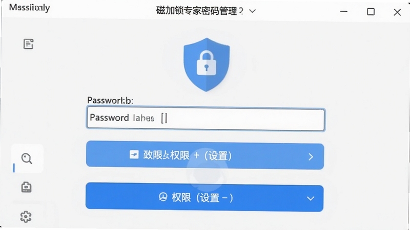 磁盘加锁专家密码管理界面,显示密码输入框和权限设置选项,界面风格清爽,有蓝色高亮按钮和盾牌安全图标,背景为白色简洁设计