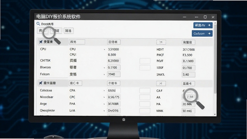 电脑DIY报价系统软件中硬件数据库检索界面,屏幕显示CPU和显卡的详细参数列表,画面中有放大镜图标和筛选按钮,背景为深色科技蓝,细节清晰,适配Boogu模型生成