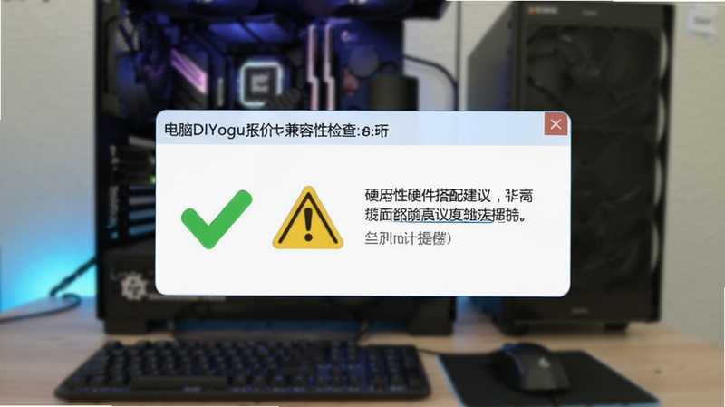 电脑DIY报价系统兼容性检查提示弹窗,画面中显示绿色对勾和黄色警告图标并列,旁边有文字说明硬件搭配建议,背景为模糊的电脑桌面,适配Boogu模型生成