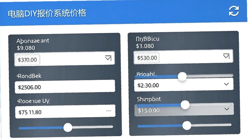 电脑DIY报价系统价格编辑界面,画面中显示多个硬件价格输入框和滑块调节控件,屏幕右上角有刷新图标,背景为简洁的白色与蓝色搭配,适配Boogu模型生成