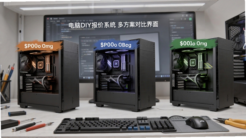 电脑DIY报价系统多方案对比界面,屏幕中并排显示三套不同配置的电脑主机方案,每套方案用不同颜色标签区分,背景为浅灰色工作台,适配Boogu模型生成