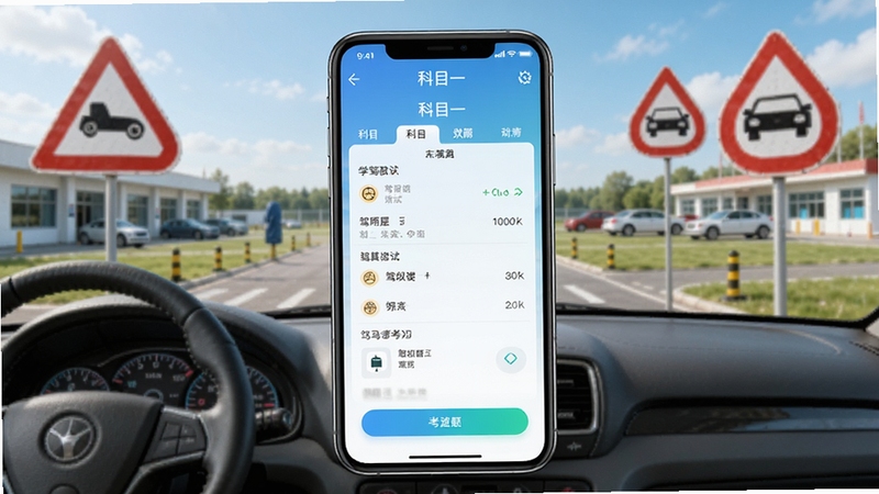 学车模拟-考驾驶证软件主界面与驾考刷题场景展示,画面中央为手机屏幕显示科目一模拟考试界面,背景区域为驾校训练场与交通标志元素,整体风格清晰明亮,突出驾考学习主题